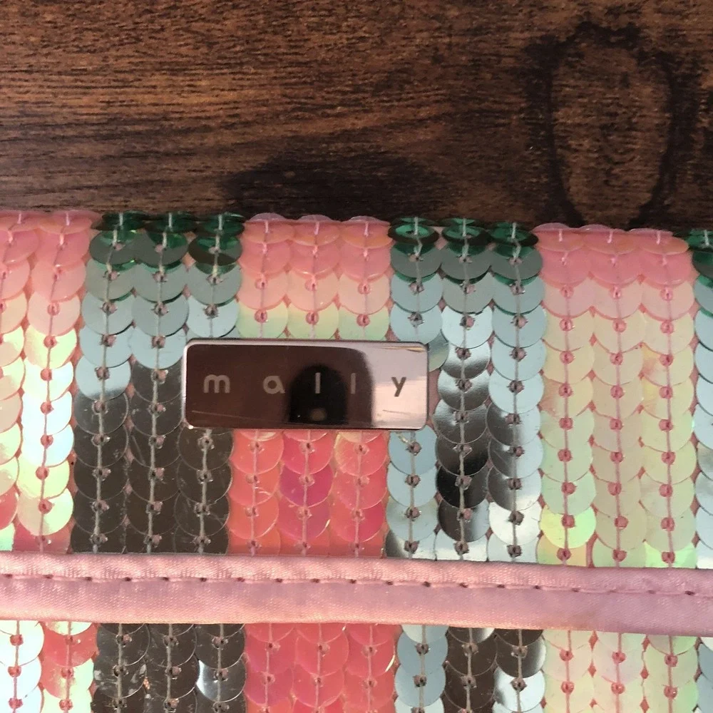 Mally Cosmetic Makeup Bag‎ Pink Grey Striped Sequins Barbie Datenight